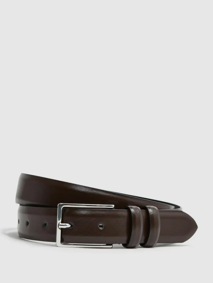 REISS Belts Men Smooth Leather Belt Chocolate