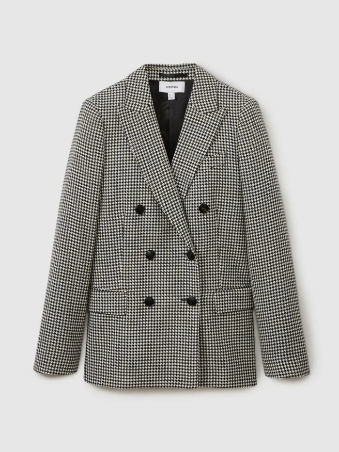 REISS Blazers and Jackets Women Wool Dogtooth Double Breasted Blazer Blackwhite