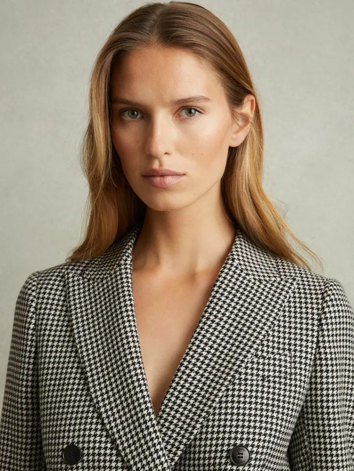 REISS Blazers and Jackets Women Wool Dogtooth Double Breasted Blazer Blackwhite