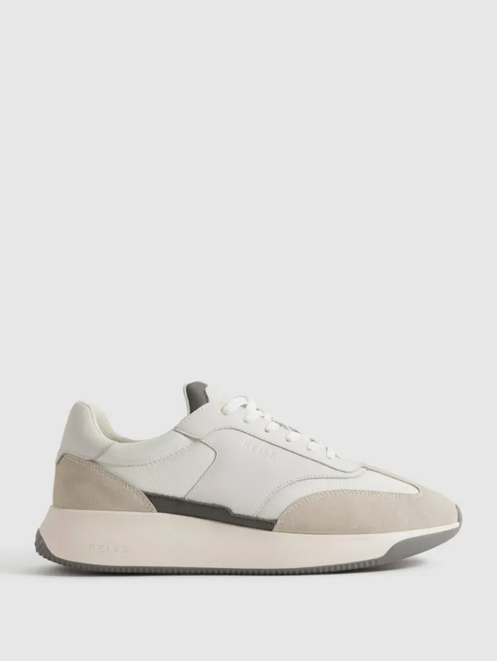 REISS Casual Shoes Men Leather Suede Running Trainers Off White