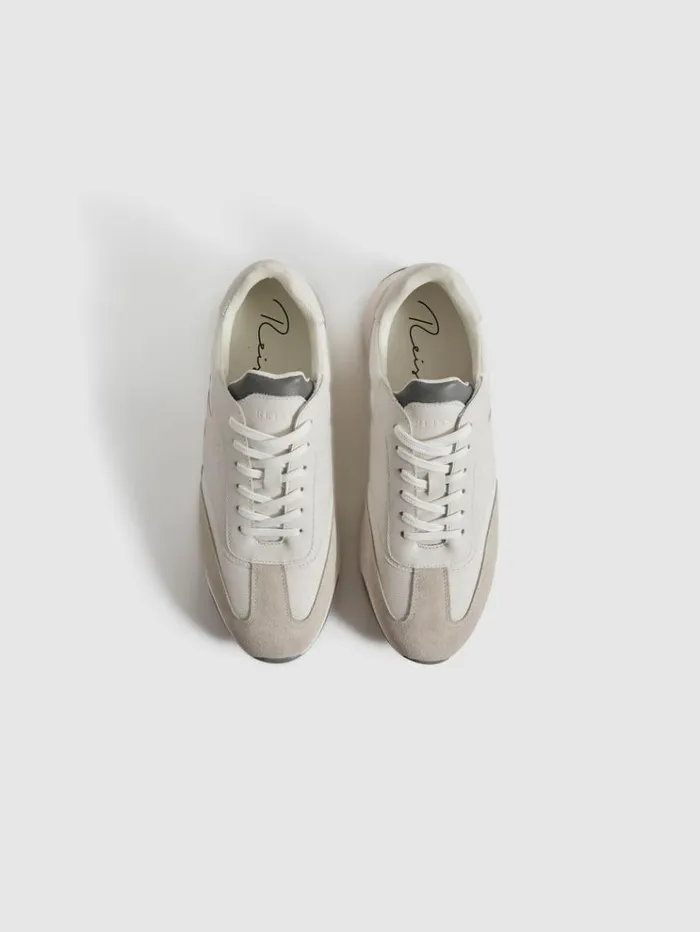 REISS Casual Shoes Men Leather Suede Running Trainers Off White