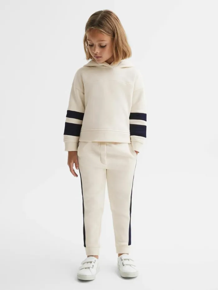REISS CoOrds Children Cotton Blend Colourblock Hoodie And Joggers Set Ecru