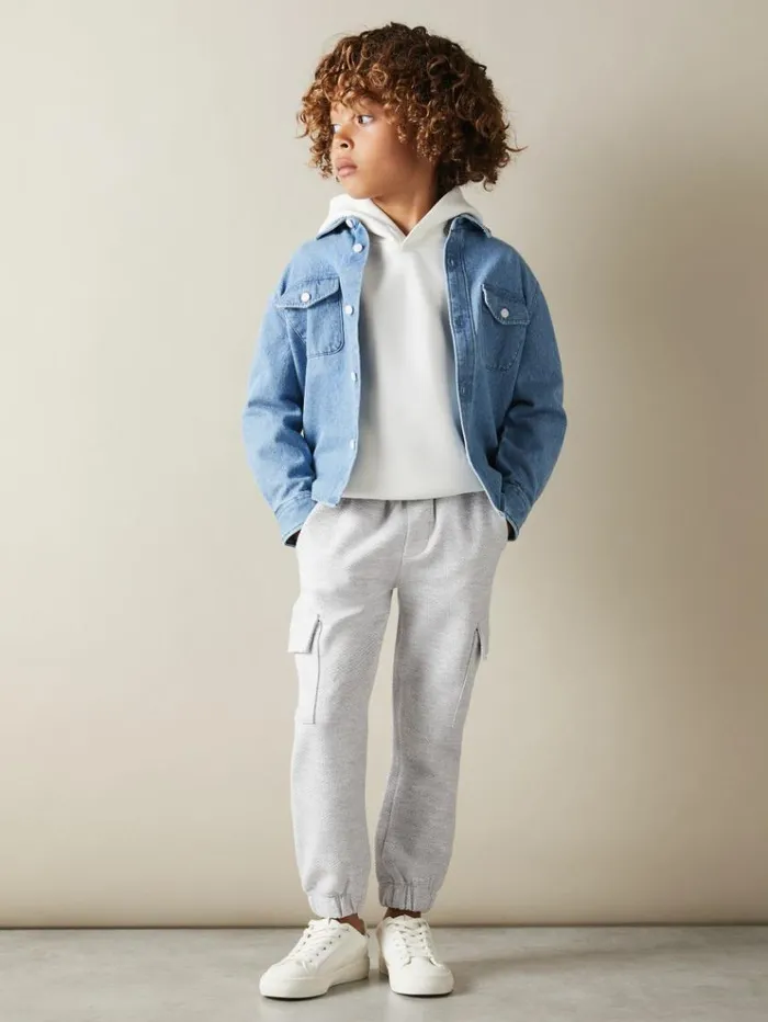 REISS CoOrds Children Textured Cotton Blend Drawstring Joggers Grey Melange