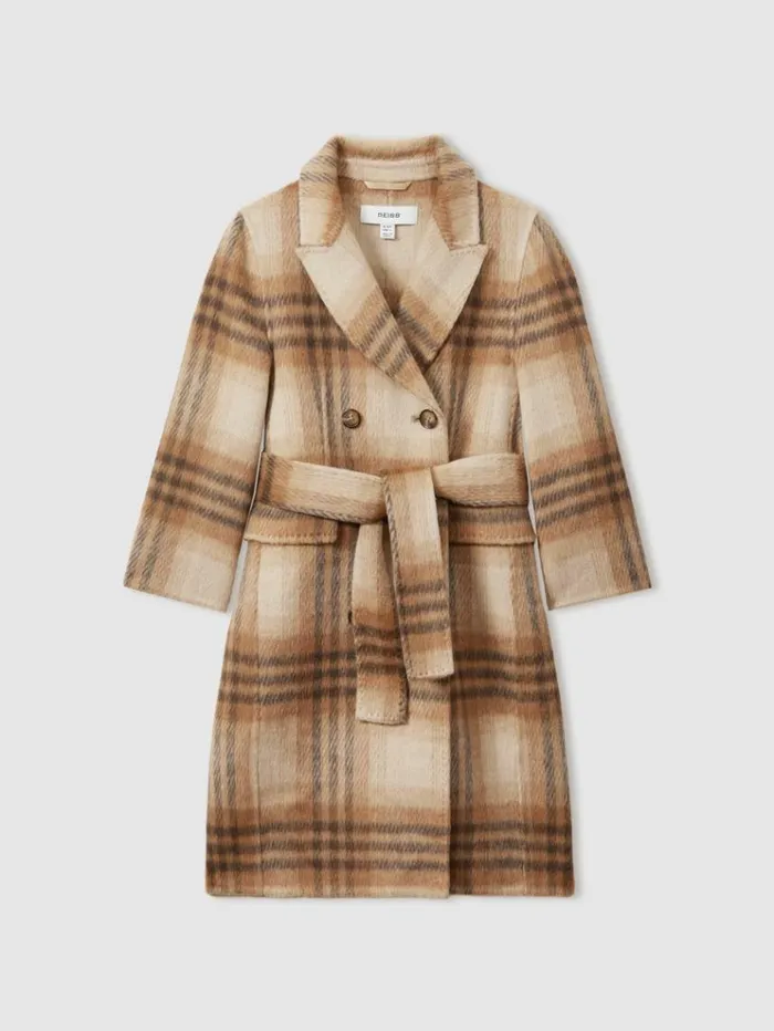 REISS Coats and Jackets Children Checked Wool Blend Blindseam Coat Brown