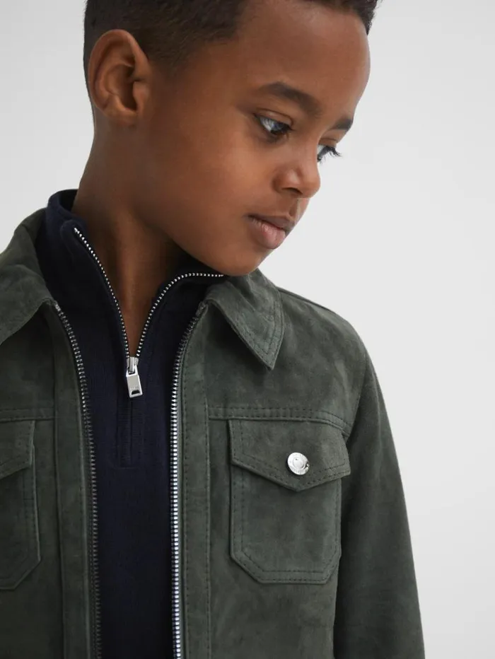 REISS Coats and Jackets Children Suede Zip Through Jacket Forest Green