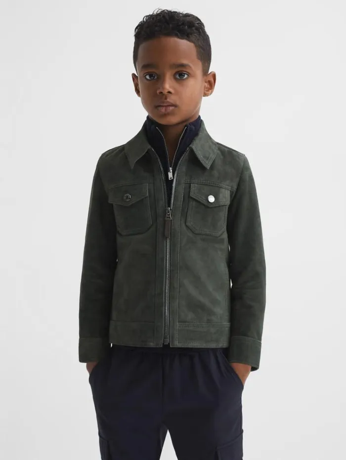 REISS Coats and Jackets Children Suede Zip Through Jacket Forest Green