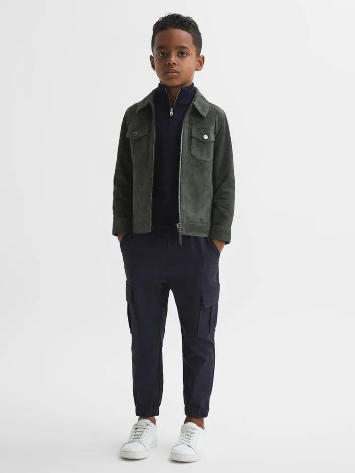 REISS Coats and Jackets Children Suede Zip Through Jacket Forest Green