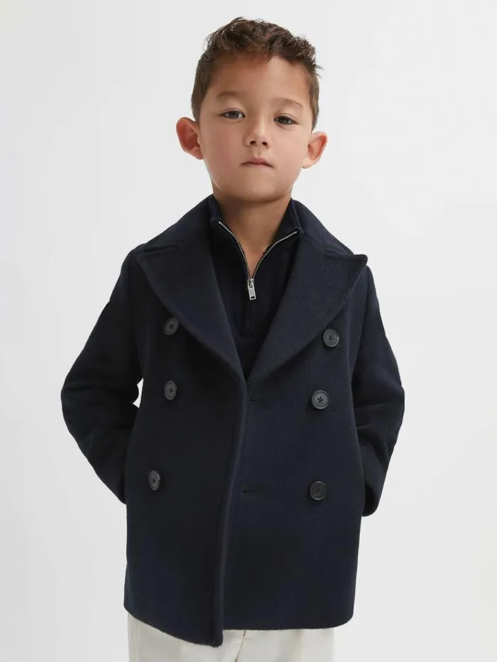 REISS Coats and Jackets Children Wool Blend Double Breasted Peacoat Navy