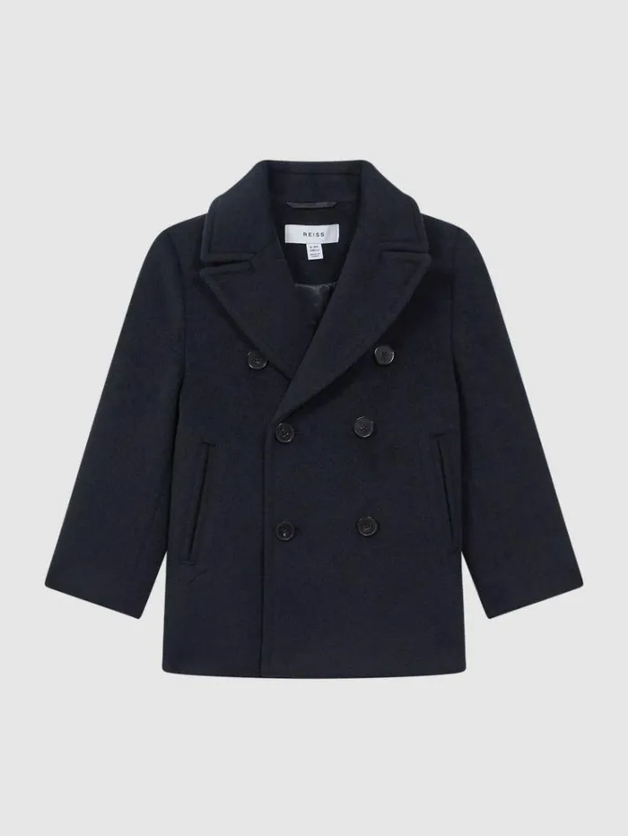 REISS Coats and Jackets Children Wool Blend Double Breasted Peacoat Navy