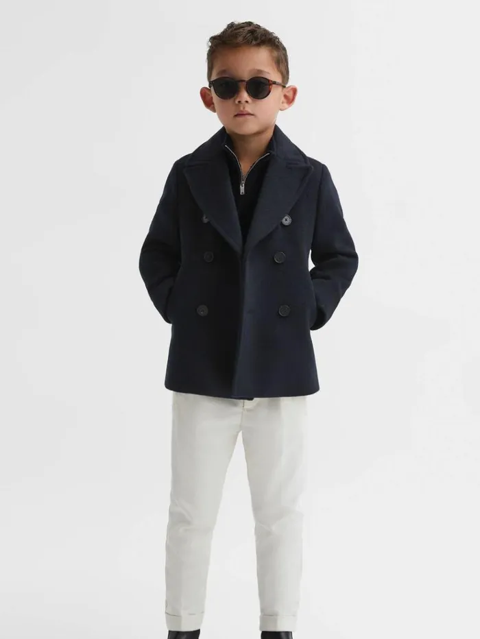 REISS Coats and Jackets Children Wool Blend Double Breasted Peacoat Navy