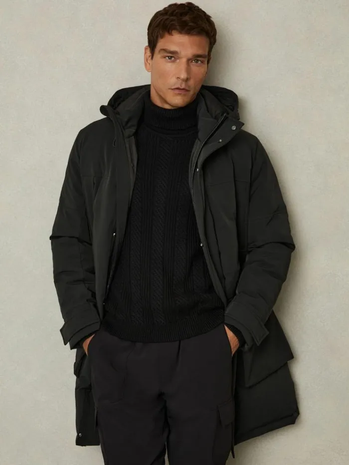 REISS Coats and Jackets Men Hooded Shell Down Coat Black