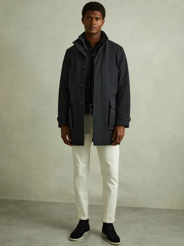 REISS Coats and Jackets Men Hybrid Removable Funnel Neck Overcoat Navy