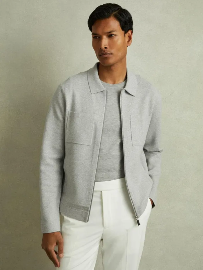 REISS Coats and Jackets Men Knitted Zip Through Jacket Soft Grey Melange