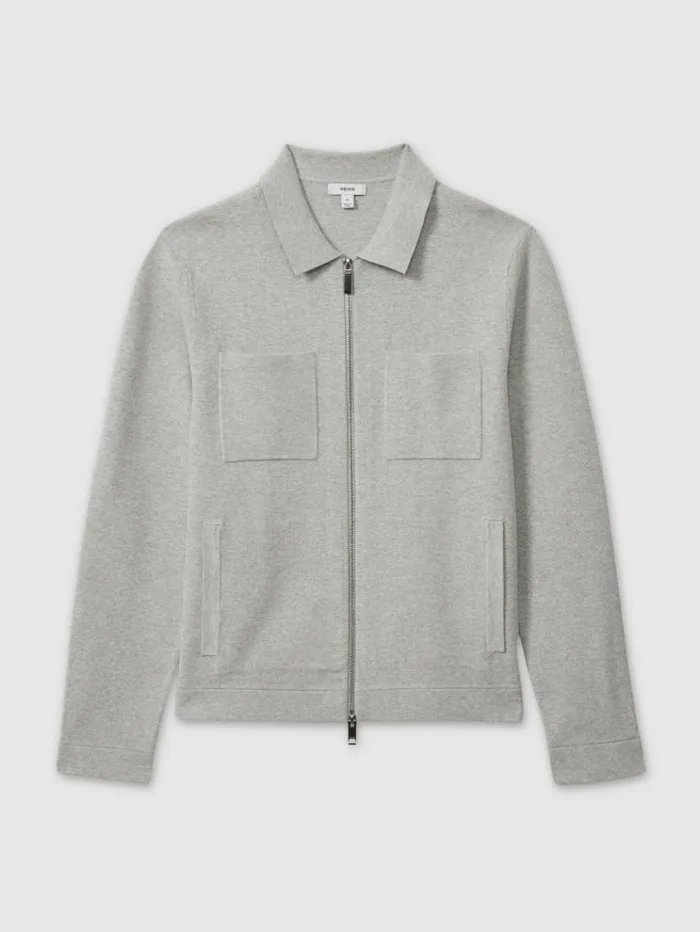 REISS Coats and Jackets Men Knitted Zip Through Jacket Soft Grey Melange
