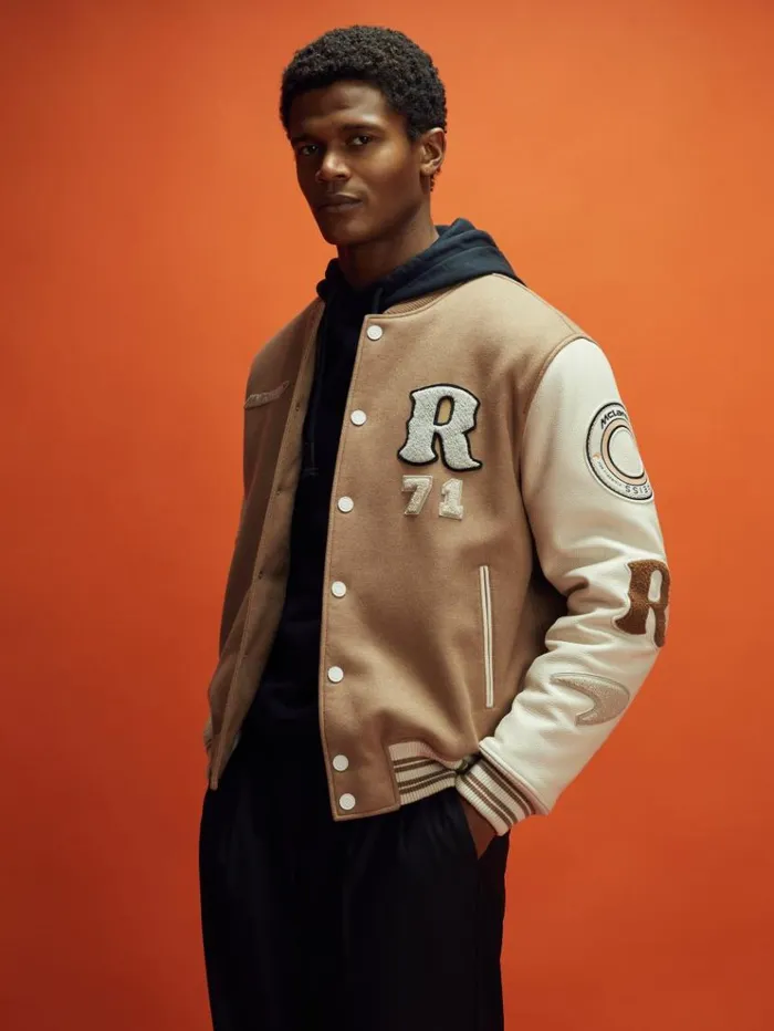 REISS Coats and Jackets Men McLaren F1 Leather Varsity Jacket Camelecru