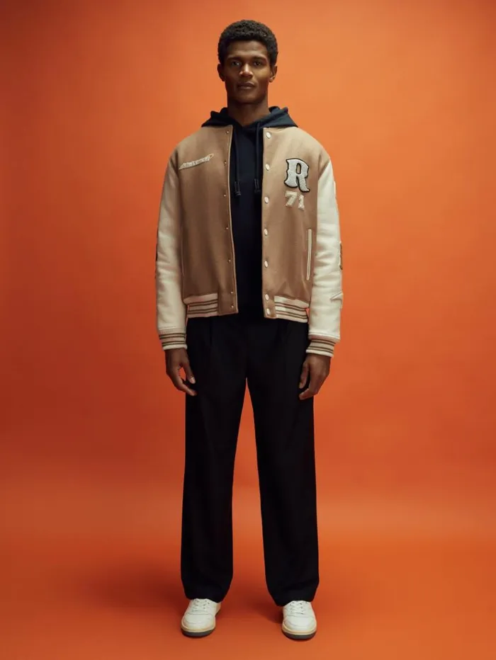 REISS Coats and Jackets Men McLaren F1 Leather Varsity Jacket Camelecru