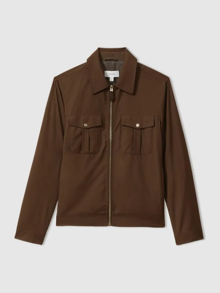 REISS Coats and Jackets Men Nylon ZipFront Jacket Tobacco Brown