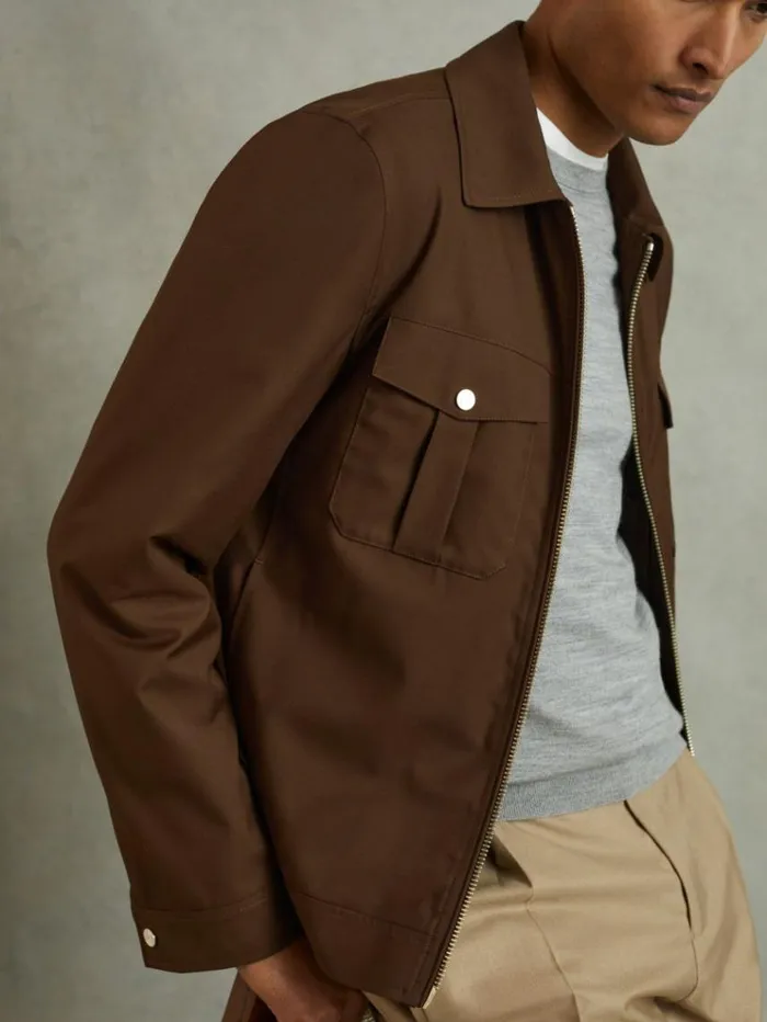 REISS Coats and Jackets Men Nylon ZipFront Jacket Tobacco Brown