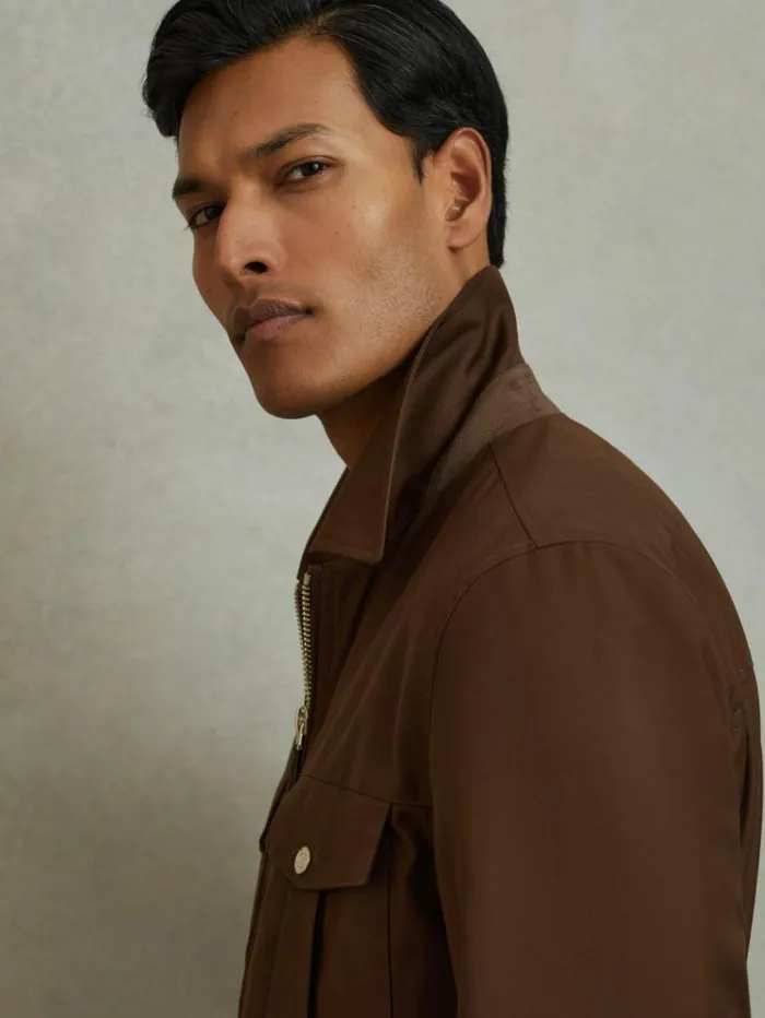 REISS Coats and Jackets Men Nylon ZipFront Jacket Tobacco Brown