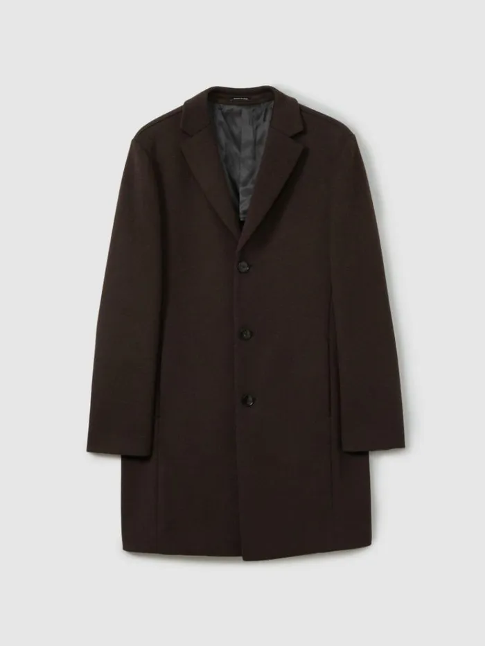 REISS Coats and Jackets Men Wool Blend Single Breasted Epsom Overcoat Chocolate Brown