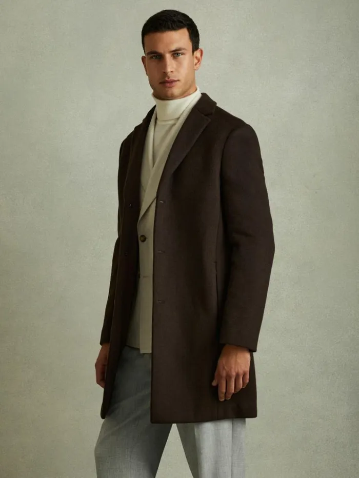 REISS Coats and Jackets Men Wool Blend Single Breasted Epsom Overcoat Chocolate Brown