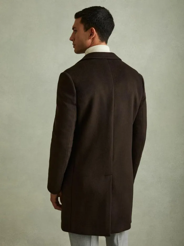 REISS Coats and Jackets Men Wool Blend Single Breasted Epsom Overcoat Chocolate Brown