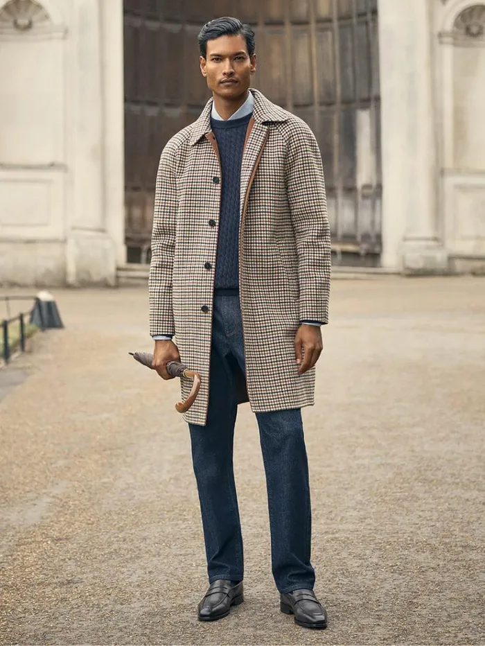REISS Coats and Jackets Men Wool Dogtooth Check Car Coat Brown Multi