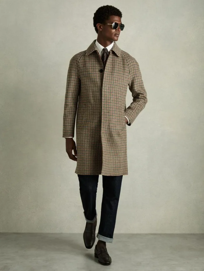 REISS Coats and Jackets Men Wool Dogtooth Check Car Coat Brown Multi