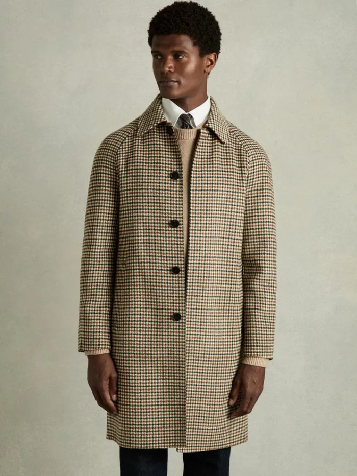 REISS Coats and Jackets Men Wool Dogtooth Check Car Coat Brown Multi