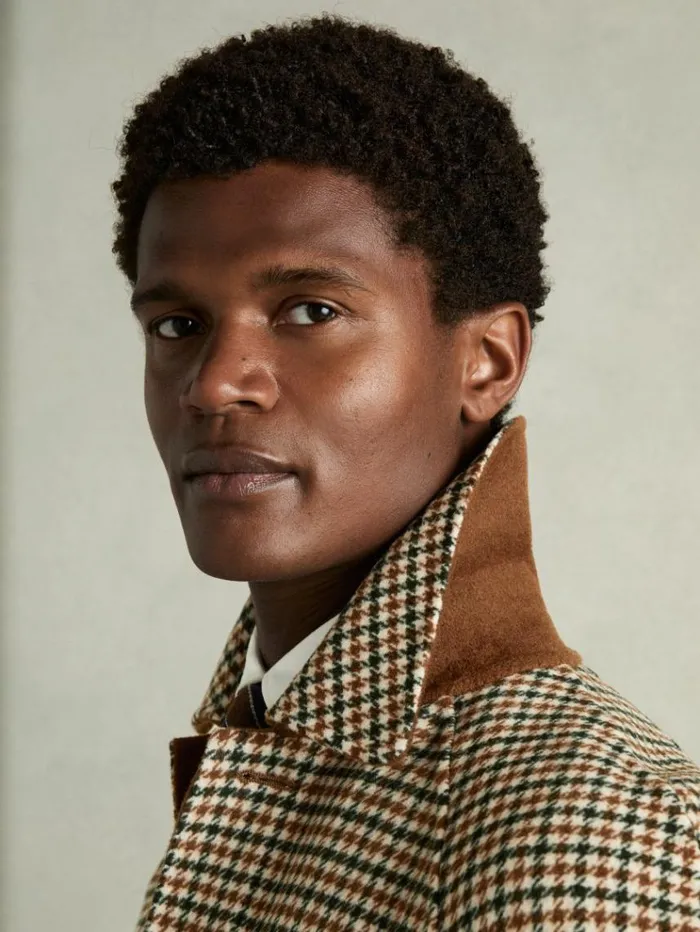 REISS Coats and Jackets Men Wool Dogtooth Check Car Coat Brown Multi