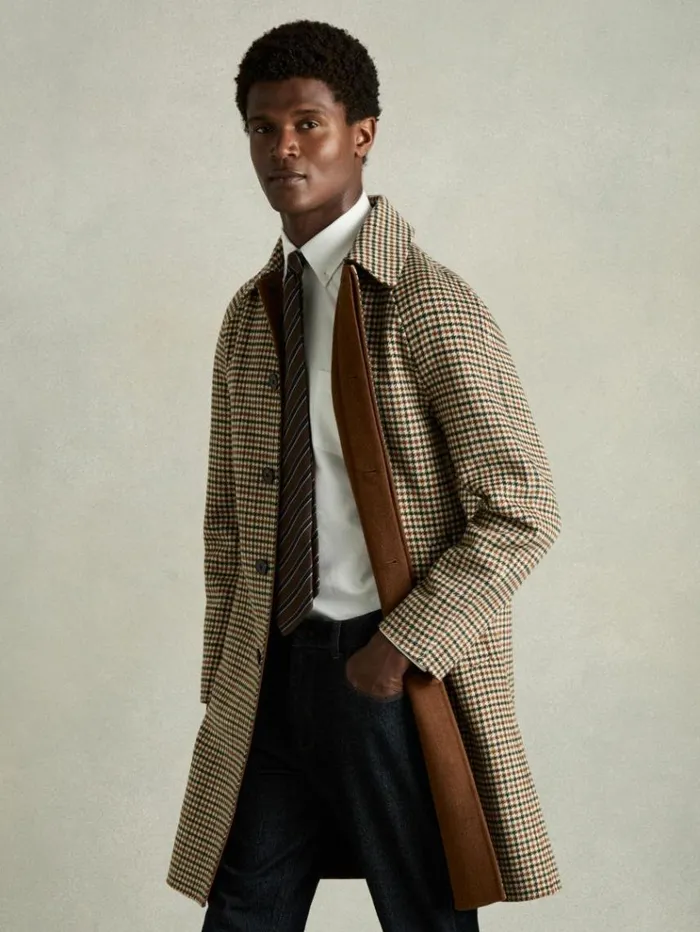 REISS Coats and Jackets Men Wool Dogtooth Check Car Coat Brown Multi