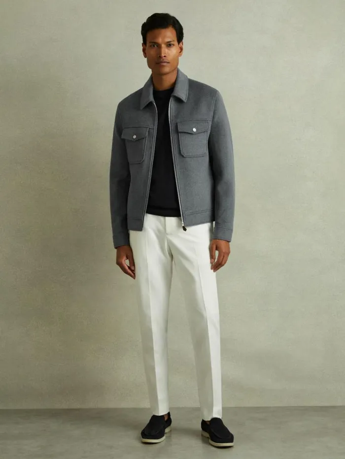 REISS Coats and Jackets Men ZipThrough Trucker Jacket With Wool Sky Blue Melange REISS Coats and Jackets Men ZipThrough Trucker Jacket With Wool Sky Blue Melange