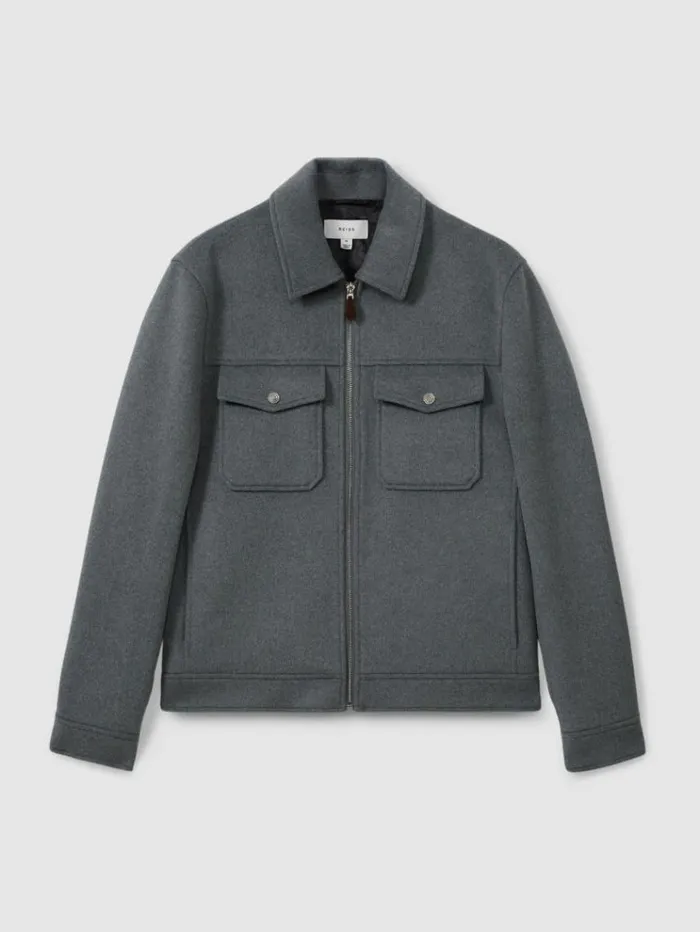 REISS Coats and Jackets Men ZipThrough Trucker Jacket With Wool Sky Blue Melange