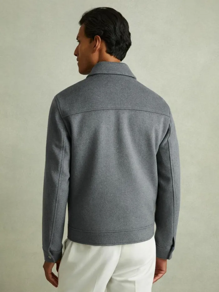 REISS Coats and Jackets Men ZipThrough Trucker Jacket With Wool Sky Blue Melange