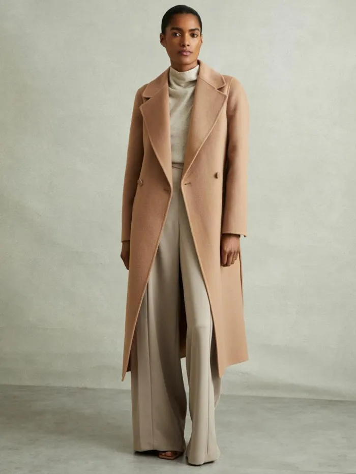 REISS Coats and Jackets Women Wool Blend Double Breasted Blindseam Coat Light Camel