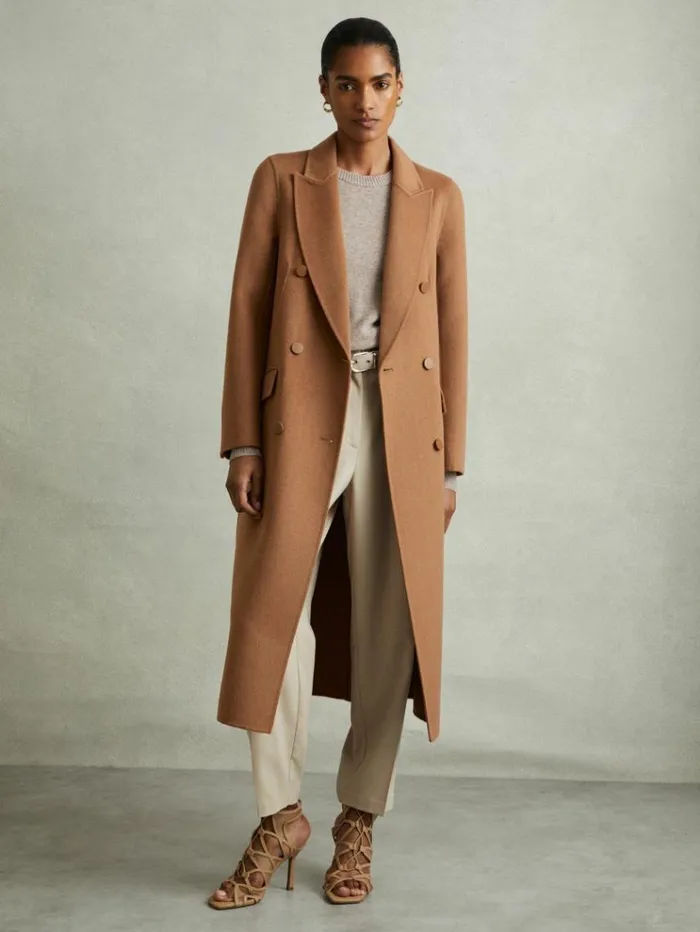 REISS Coats and Jackets Women Wool Blend Double Breasted Blindseam Coat Toffee REISS Coats and Jackets Women Wool Blend Double Breasted Blindseam Coat Toffee