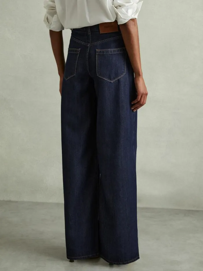 REISS Denim Women Double Pleat Wide Leg Jeans Indigo