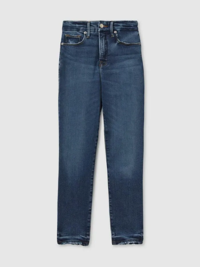 REISS Denim Women Good American Mid Rise Raw Hem Skinny Jeans Indigo