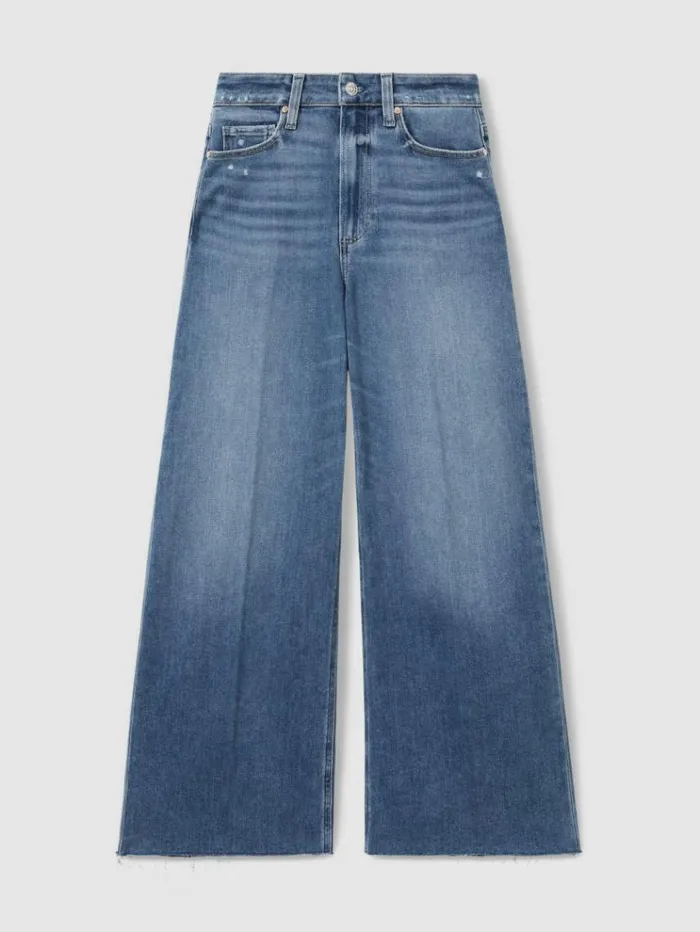 REISS Denim Women Paige Wide Leg Raw Hem Cropped Jeans Rock Show Blue