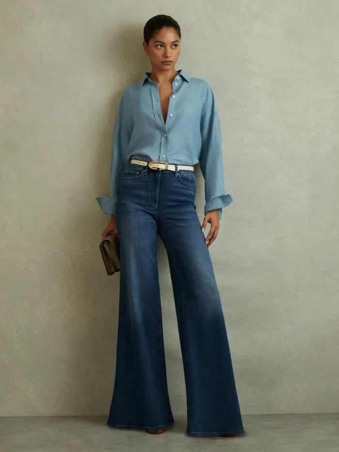 REISS Denim Women Palazzo Jeans Mid Blue