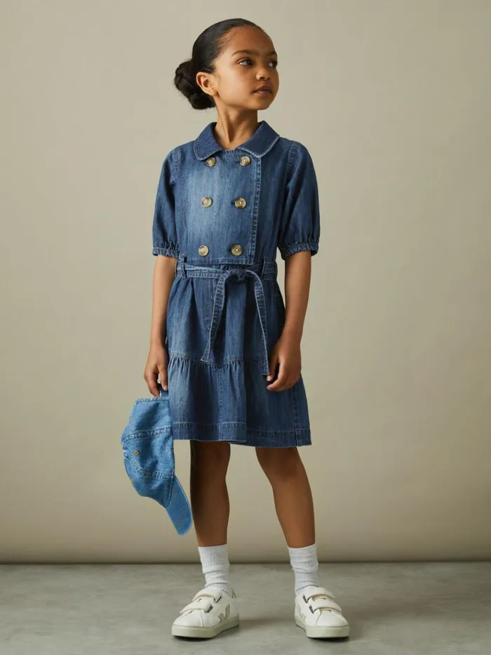 REISS Dresses Children Denim Puff Sleeve Belted Dress Blue