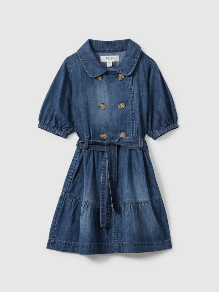 REISS Dresses Children Denim Puff Sleeve Belted Dress Blue