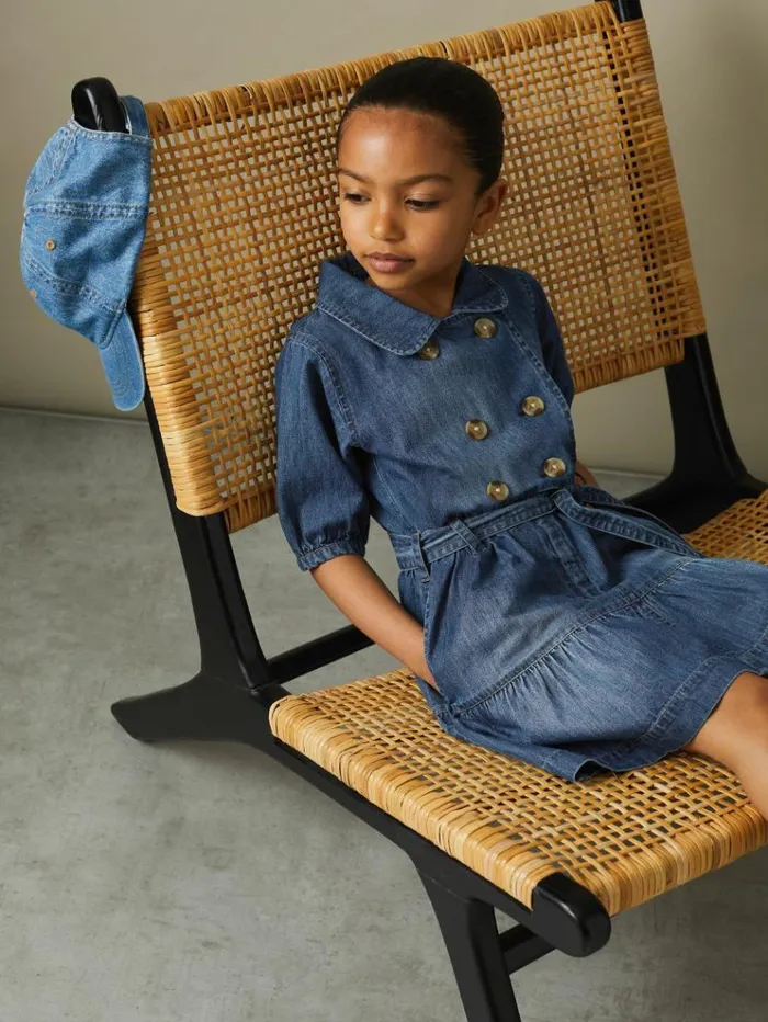 REISS Dresses Children Denim Puff Sleeve Belted Dress Blue
