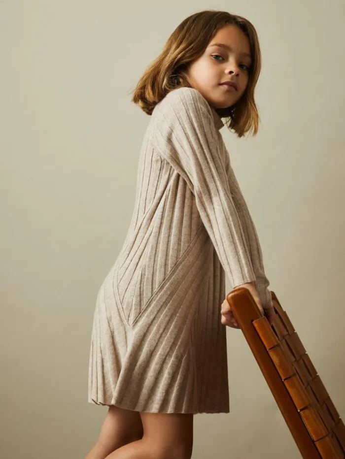 REISS Dresses Children Knitted Roll Neck Dress Oatmeal