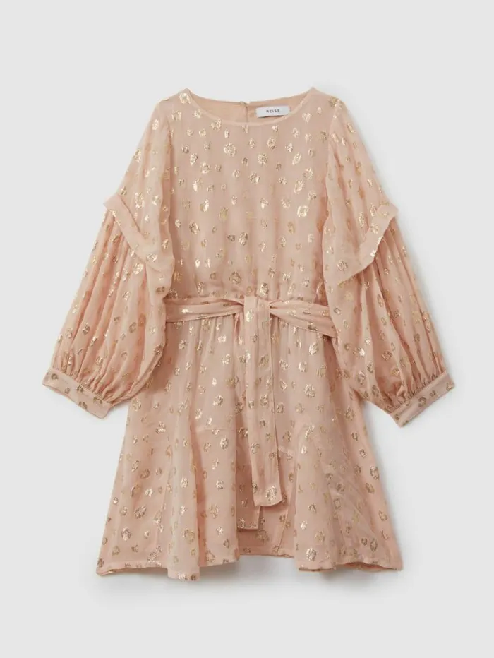 REISS Dresses Children Metallic Jacquard Print Puff Sleeve Dress Pink