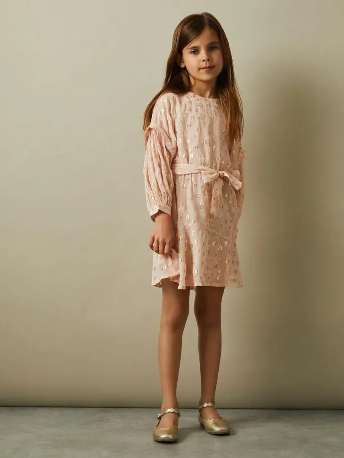 REISS Dresses Children Metallic Jacquard Print Puff Sleeve Dress Pink