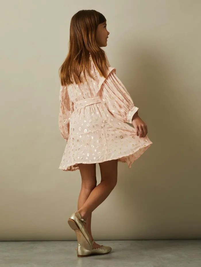 REISS Dresses Children Metallic Jacquard Print Puff Sleeve Dress Pink