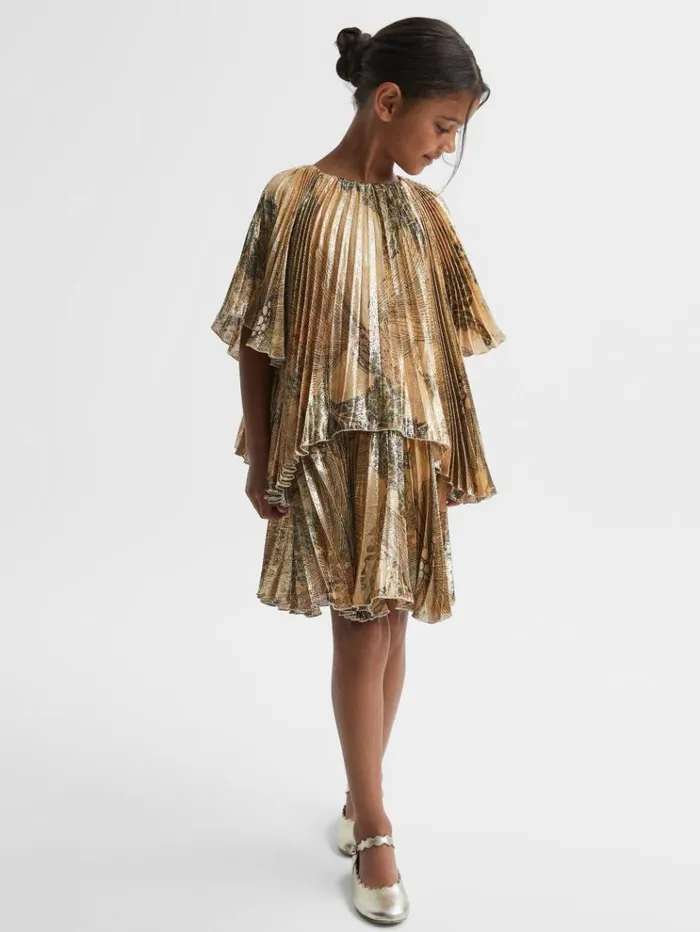 REISS Dresses Children Metallic Pleated Tiered Dress Gold