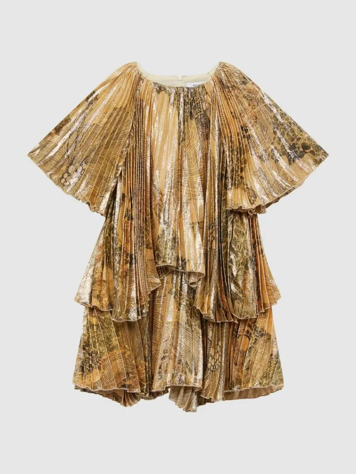 REISS Dresses Children Metallic Pleated Tiered Dress Gold