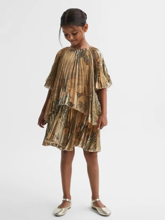 REISS Dresses Children Metallic Pleated Tiered Dress Gold